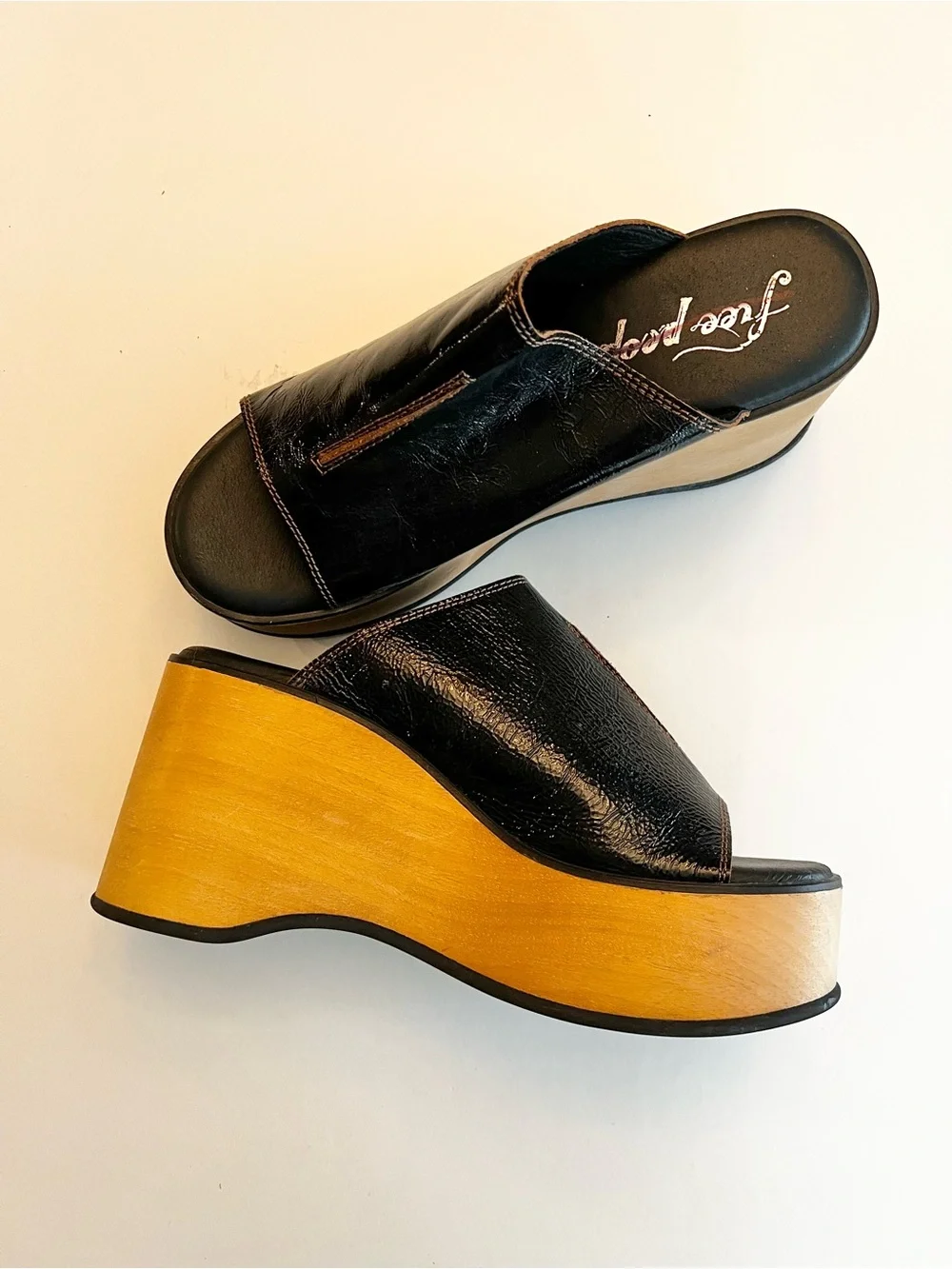 Free People Gabriela Black Glossy Open Toe Platform Slide Shoes